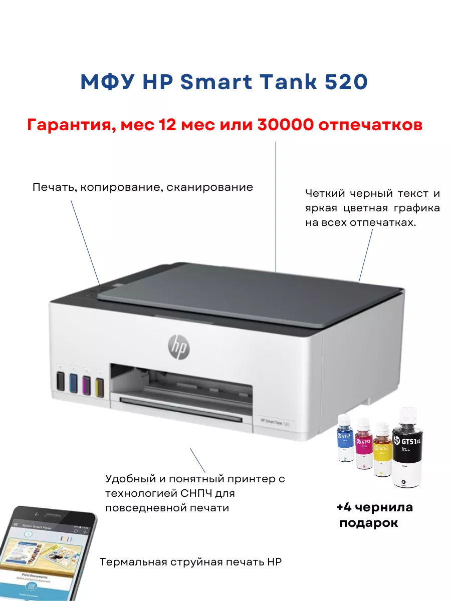 МФУ Smart Tank 520 (1F3W2A) HP купить по цене 19 380 ₽ в интернет-магазине  Wildberries | 207575546