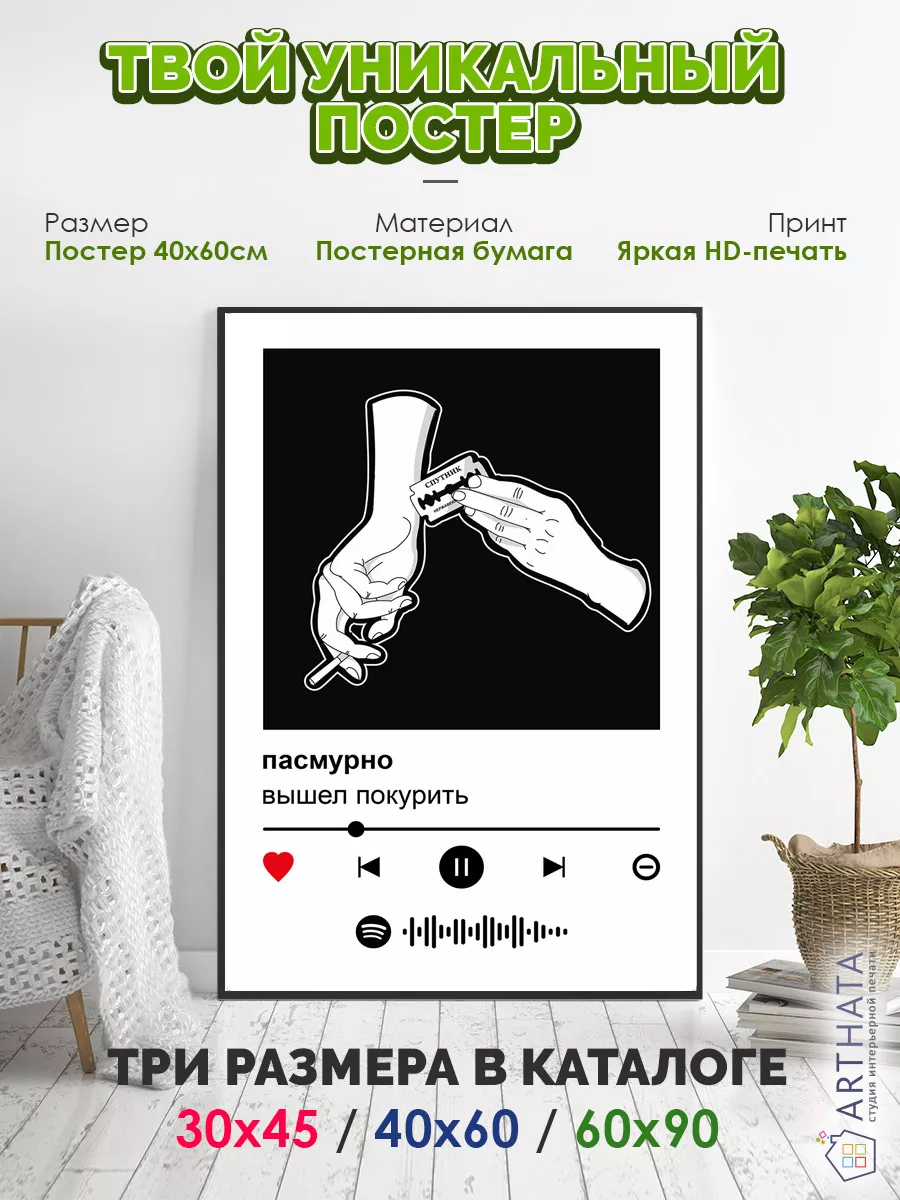 Arthata-spotify постер Спотифай постер Плакат на стену вышел покурить -  пасмурно 60х90