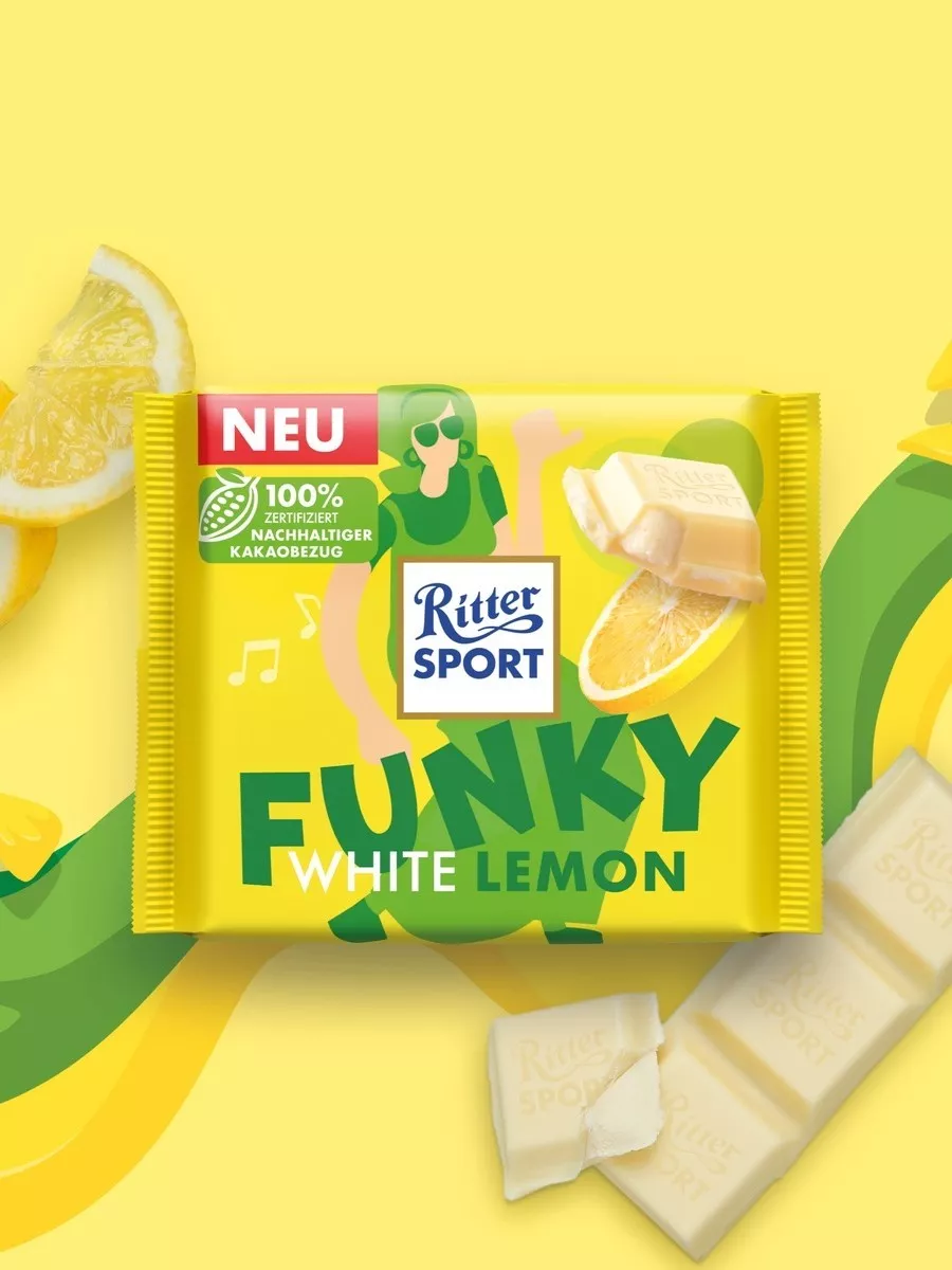 Шоколад белый Funky, с начинкой лимонный мусс, 100г, 2 шт Ritter Sport  купить по цене 454 ₽ в интернет-магазине Wildberries | 215988566